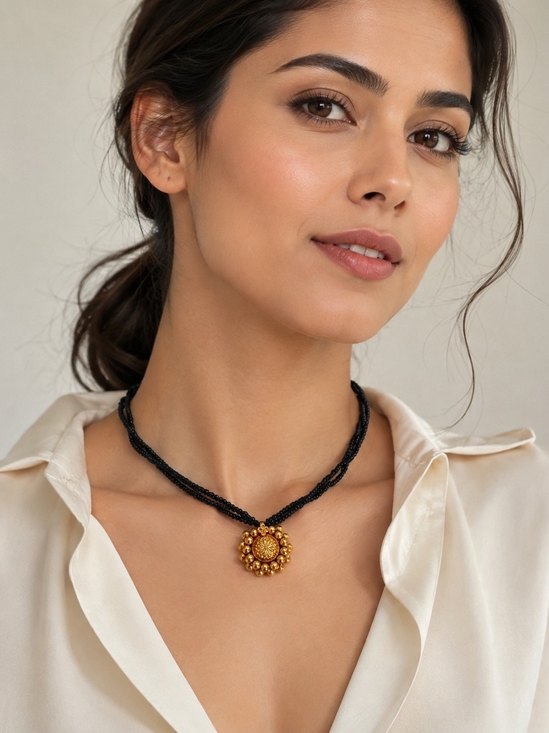 Jewelry - Black Beaded Necklace with Gold Floral Medallion